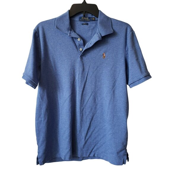 Polo Ralph Lauren Mens Blue Long Sleeve Collared Polo Shirt Red Logo Embroidered - Picture 1 of 7